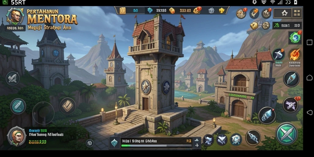 Screenshot gameplay 55RT yang menampilkan menara dan musuh dalam aksi.