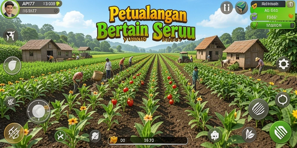 Screenshot menunjukkan gameplay seru dan aktivitas bertani yang interaktif.