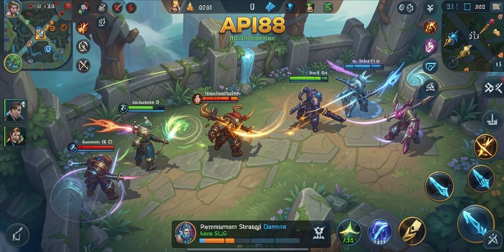 Screenshot utama menunjukkan pertarungan intens dalam gameplay SLG.