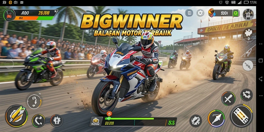 Tampilan gameplay seru dalam BIGWINNER dengan balapan motor yang mendebarkan.