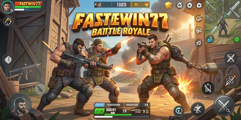 Screenshot utama dari FASTWIN77 menampilkan aksi Battle Royale yang mendebarkan.