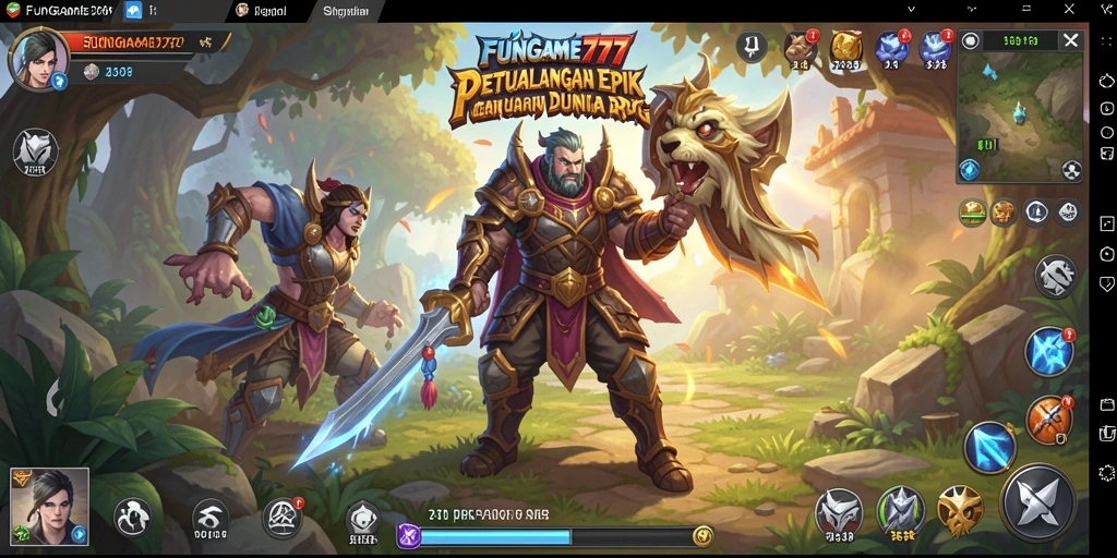 Tampilan gameplay FUNGame777 dengan pertarungan seru dan dunia fantasi.