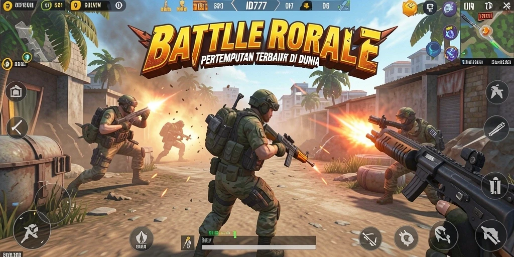 Screenshot utama ID777 menampilkan aksi pertempuran intens di bawah langit cerah.