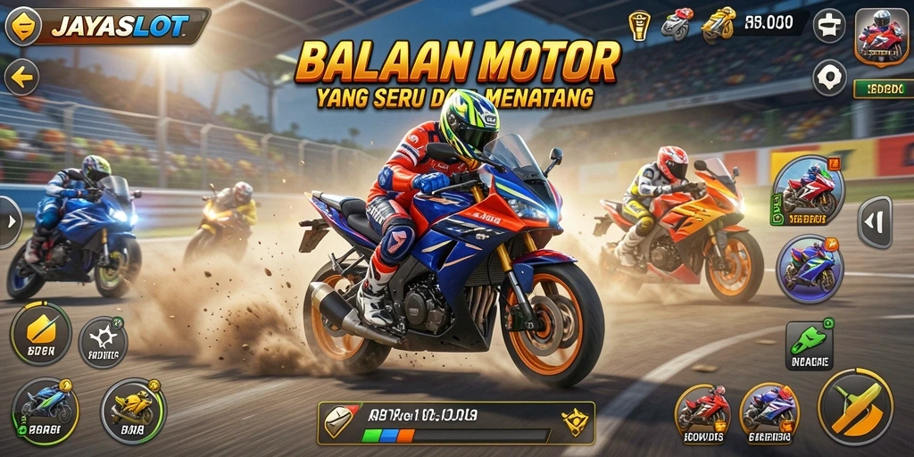 Tangkapan layar gameplay JAYASLOT yang mendebarkan saat balapan motor di trek menantang.