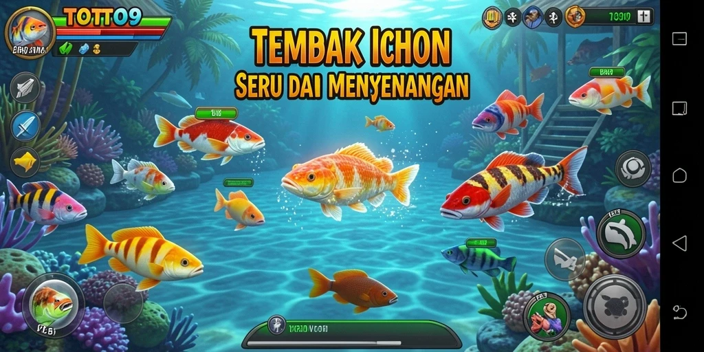 Screenshot TOTO9 menampilkan aksi menembak ikan yang penuh warna.